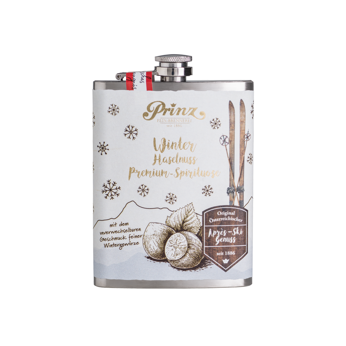 Edelstahl-Flachmann mit Winter Haselnuss 34% vol
