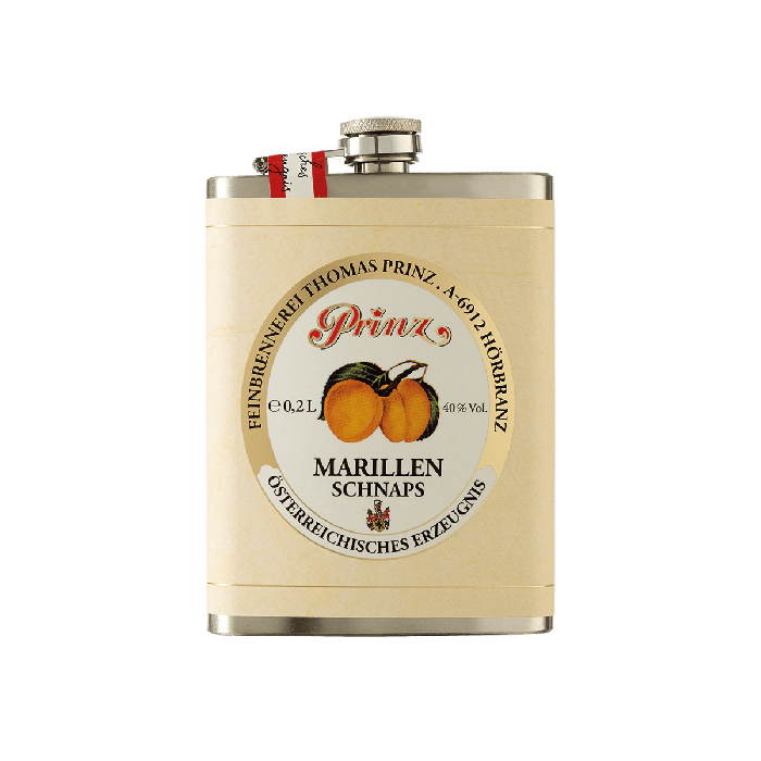 Edelstahl-Flachmann mit Marillen Schnaps 40 % vol.