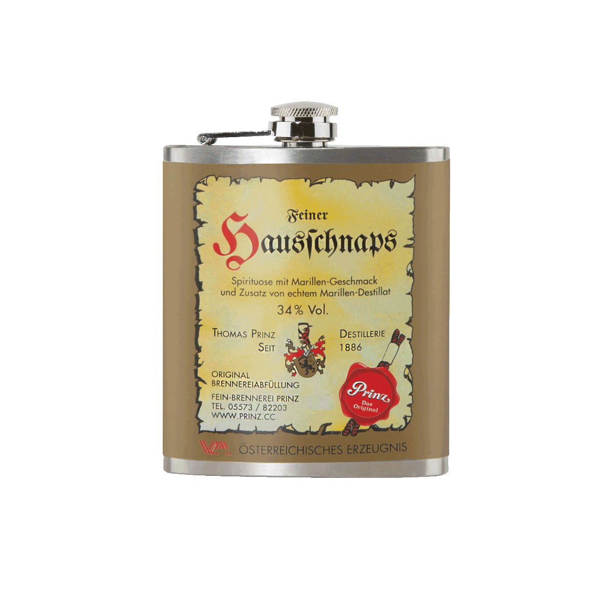 Edelstahl-Flachmann mit Hausschnaps Marille 34 % vol.