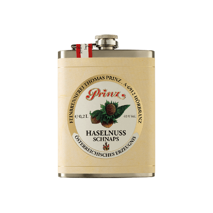 Edelstahl-Flachmann mit Haselnuss Schnaps 40 % vol.