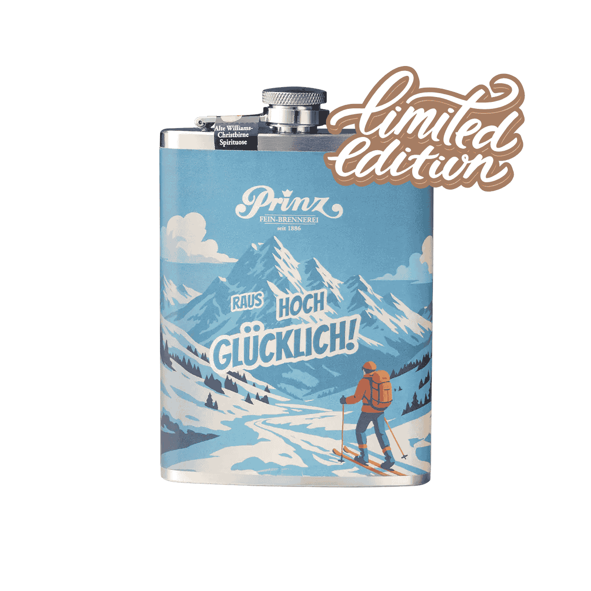 Edelstahl-Flachmann mit Alter Williams-Christbirne 41% vol